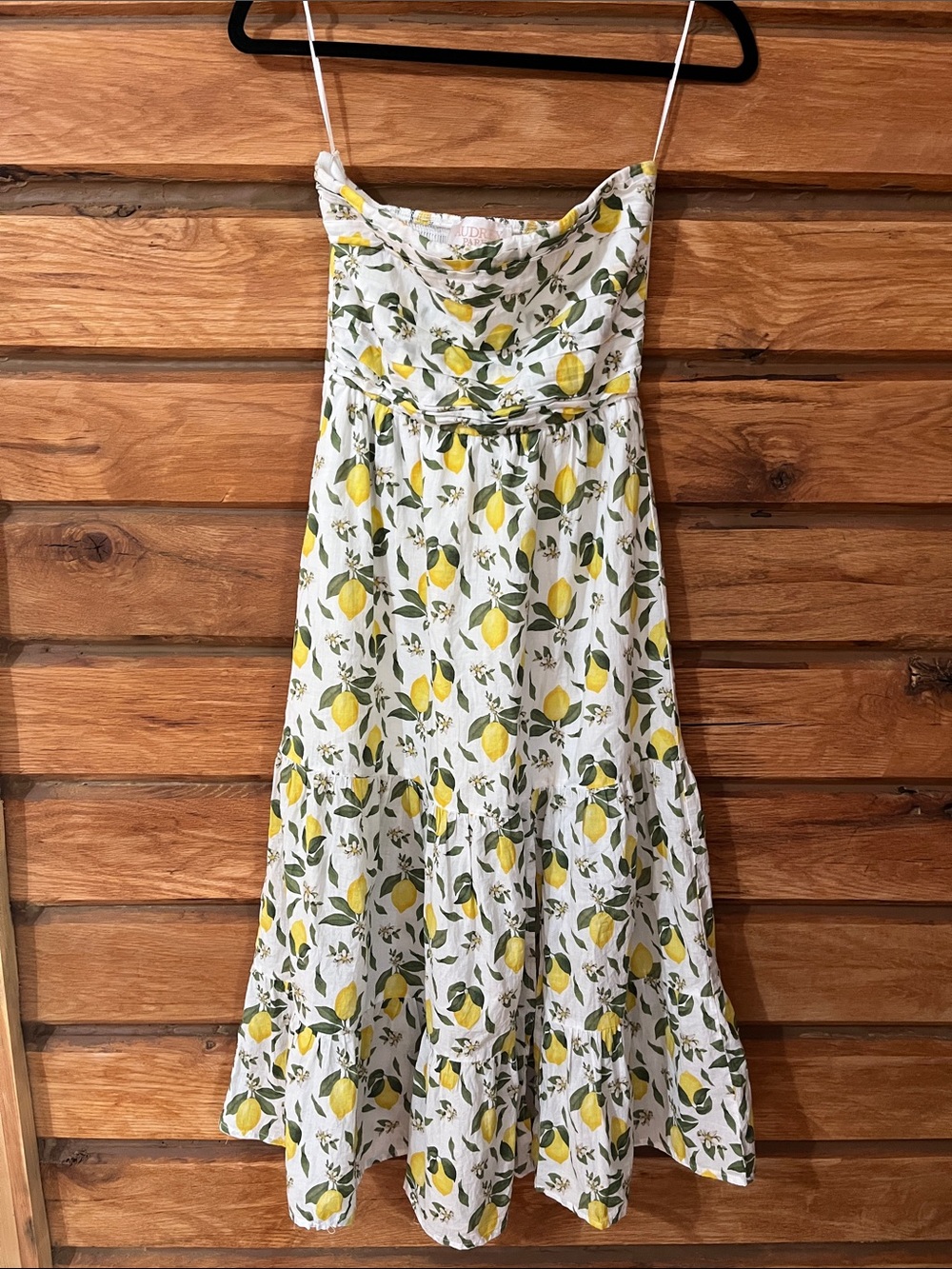 Audrey Parks Francesca’s Strapless White Lemon-Print Midi Dress
